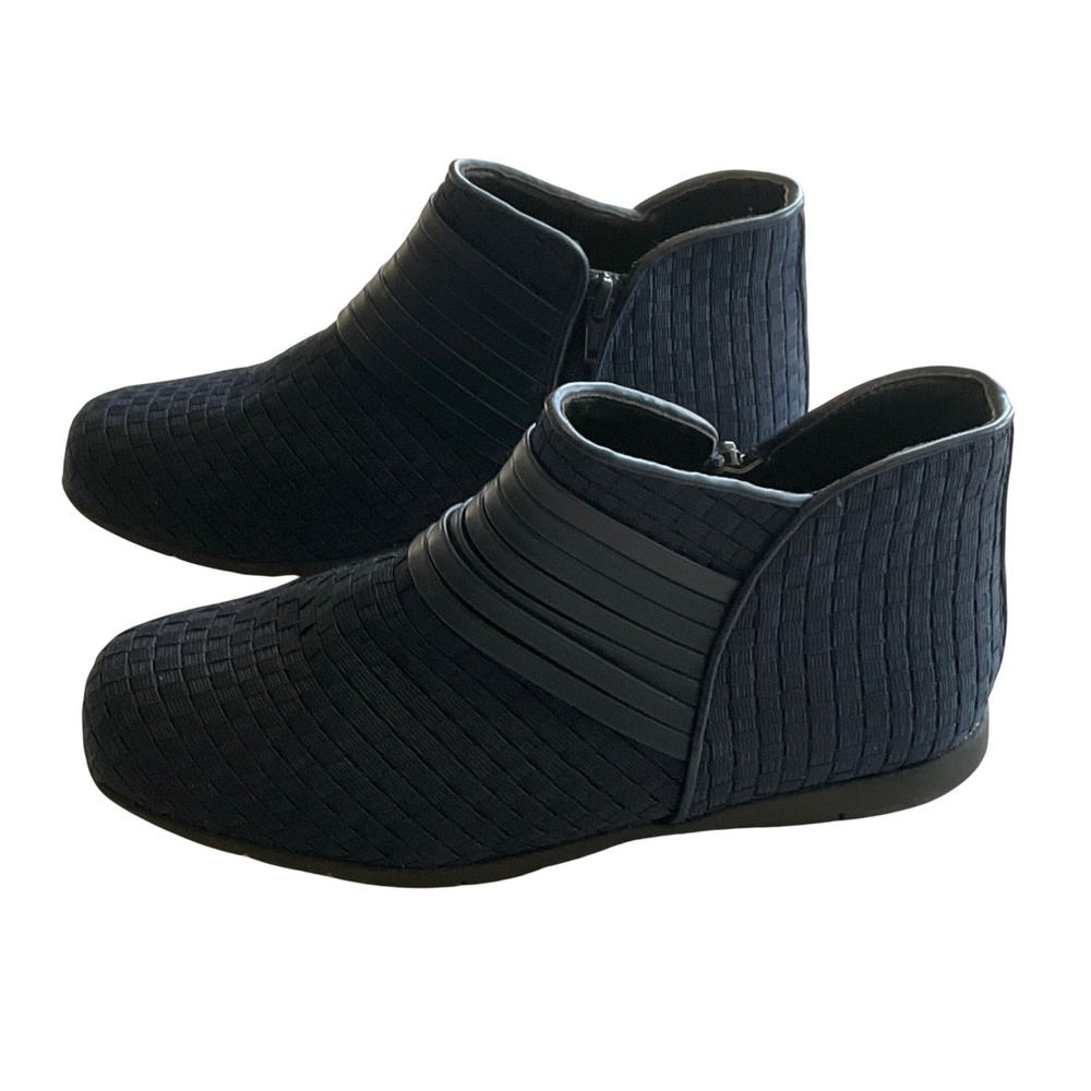 Comfortview Kayla Ankle Boots Women 9WW Navy Blue Woven Fabric Zip Up Flat